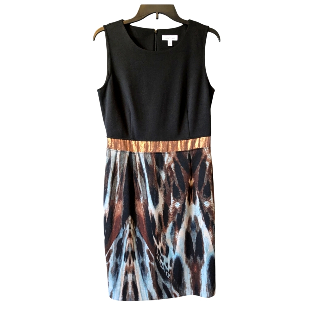 Calvin Klein Black and Brown Patterned Midi Sheath Dress Sz. 8